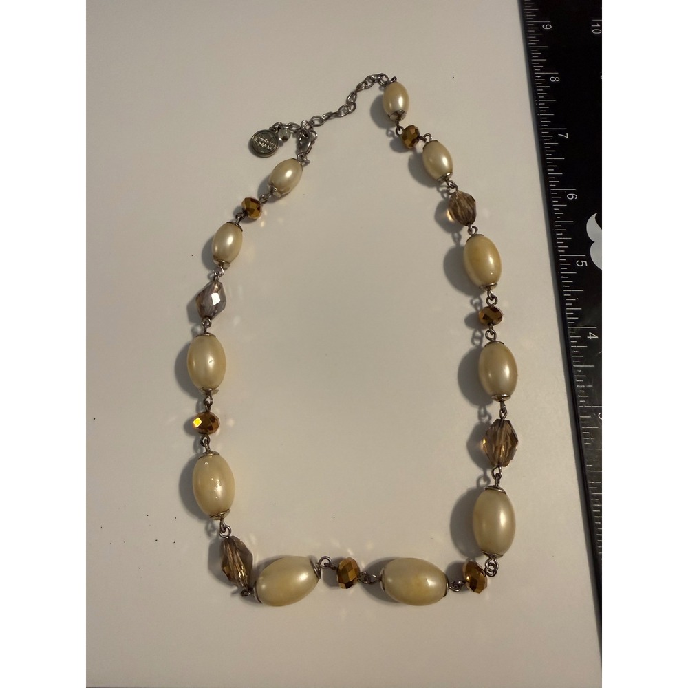 Banana Republic Cream Faux Pearl Amber Glass Bead Silver Tone Necklace 18-20in